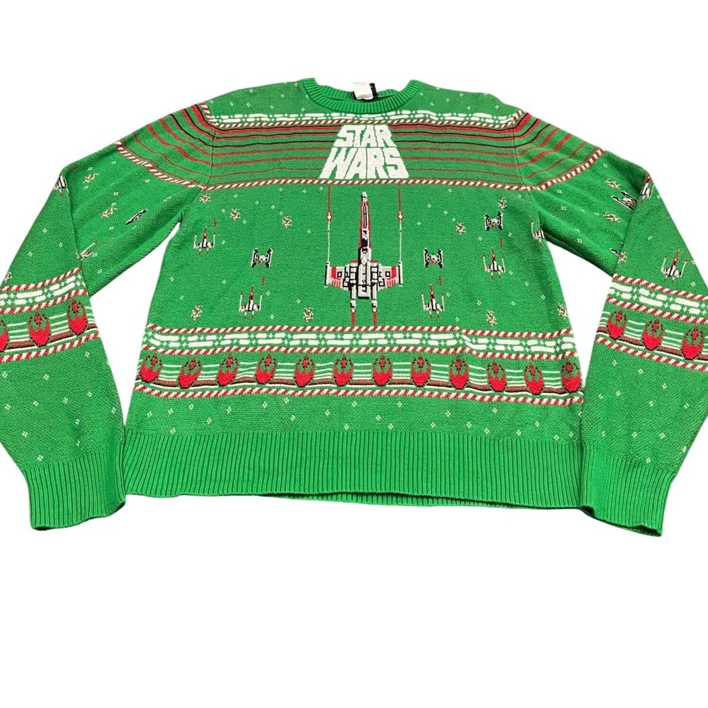 Star Wars Sweater Mens M Green X-Wing TIE Fighter Ugly Holiday‎ Christmas Knit